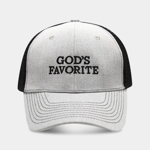 Detail of God's Favorite embroidery on a breathable mesh trucker baseball cap