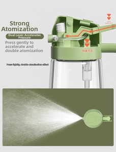 Detail of dual-lever pressure mechanism showing fine mist atomization of the oil sprayer