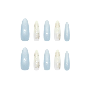 Handmade 3D floral press-on nails with blue glitter gradient and almond shape tips