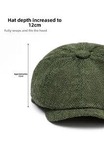 Detail of green herringbone newsboy cap showing 12cm deep crown and fabric texture