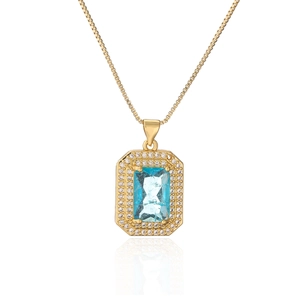 18K gold plated box chain necklace with light blue emerald-cut zircon pendant and halo