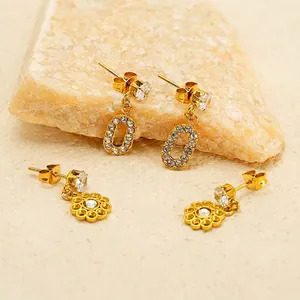 18k gold plated stainless steel flower stud earrings with zircon stones and hoop set