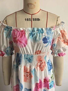Détail de robe à imprimé fleuri avec taille élastique et manches lanternes courtes
