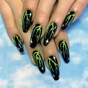 Black Glossy Press On Nails Coffin Shape Neon Green Lightning White Stars Pattern Punk Y2K Style Artificial Fake Fingernails