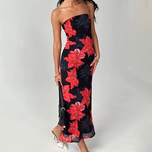 Sexy strapless floral print slim fit maxi dress for women in black and red vintage style