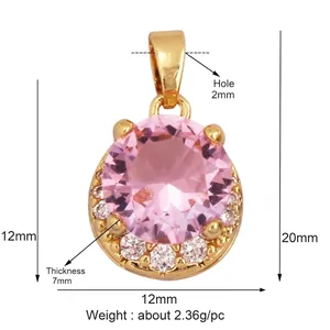 Detail view of pink zircon pendant with gold plating and specific size dimensions