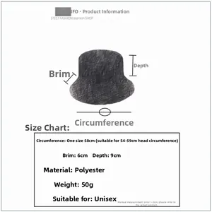 Size information and dimensions chart for unisex reversible polyester bucket hat