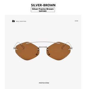 Detail von randloser geometrischer Sonnenbrille mit Silbergestell und braunem Glas