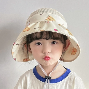 Detail of beige kids sun hat with mesh top, bear print and white adjustable chin strap