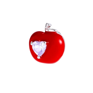 Red apple charm with purple heart gemstone in polished stainless steel for women