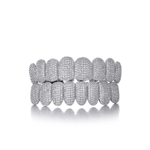 Hip hop silver grillz set with shiny micro-pave cubic zirconia stones on white background
