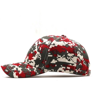Side profile of a red and grey digital camouflage baseball cap with adjustable strap