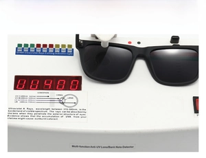 Detail of classic black TR sunglasses showing UV400 protection test on professional device