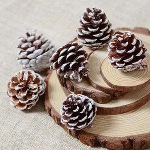 Natural pine cones with white snow spray and rustic wood slices for Christmas DIY decoration