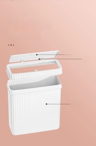 Exploded view of a slim white trash can showing the durable PP body and press lid
