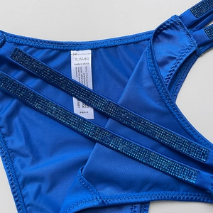Royal blue ice silk thong with sparkly rhinestone straps and high-cut fit for women
