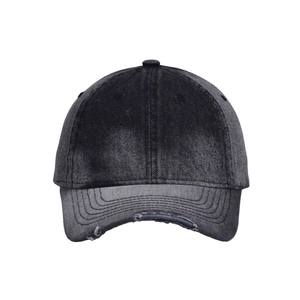 Classic washed black denim baseball cap with vintage distressed brim and retro street style