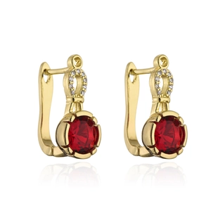 Detail view of 18K gold-plated hoop earrings with a red gemstone and tiny clear zircons