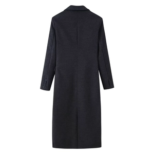 Elegant long charcoal grey wool coat for women with decorative buttoned cuffs