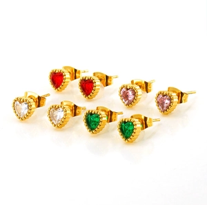 Set of four pairs of heart-shaped zircon stud earrings in red, pink, white, and green colors