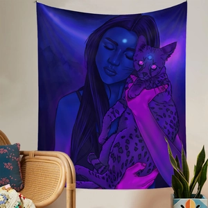 Artistic tapestry showing a mystic woman and leopard cat in deep blue and purple tones