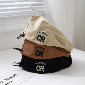Kids cotton beret hat with CR embroidery and adjustable drawstring in beige, brown and black