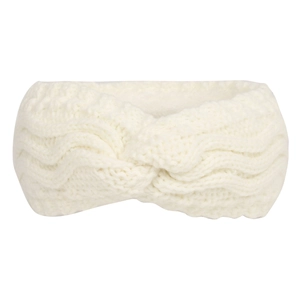 Detail of white cable knit ear warmer headband with soft thick acrylic texture