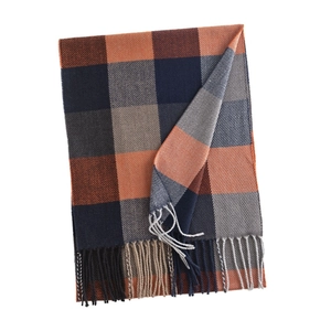 Men's checkerboard pattern scarf with tassels in orange and blue cashmere-like fabric
