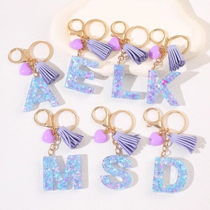 Purple Initial Letter Keychain Resin Glitter Heart Tassel Alloy Charm For Handbag Backpack Car Key Fashion Women Gift