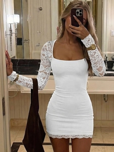 Elegant white square neck mini dress with delicate lace long sleeves and slim fit design