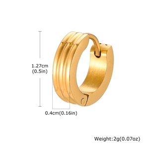 Detail view of gold stainless steel hoop earring with dimensions 1.27cm and 0.4cm