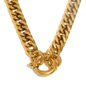 18K gold plated thick Cuban chain necklace with round toggle clasp for women
