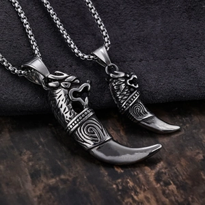 Retro vintage stainless steel wolf tooth totem necklace with dragon carvings and chain