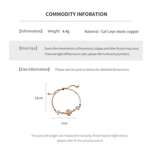 Detailed size specifications for the gold clover cat eye stone bracelet showing 22cm length
