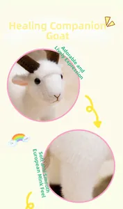 Detailed view of white plush goat toy showing soft faux fur texture and lifelike facial details