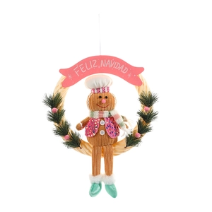 Christmas gingerbread man wreath with Feliz Navidad banner and pink sequin vest decoration