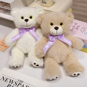 Plush teddy bear toy set in white and brown with purple polka dot bow ties