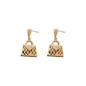 Elegant gold handbag shaped earrings with sparkling cubic zirconia and colored crystals