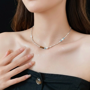 Mixed Beaded Necklace Alloy Irregular Silver Beads Imitation Artificial Pearl Tiger Eye Stone Minimalist Clavicle Chain Women Fashion