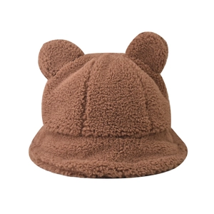 Winter teddy fleece bear ear bucket hat in brown, warm plush fisherman cap for women