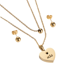 Golden titanium steel heart necklace and stud earrings set featuring engraved mae pendant