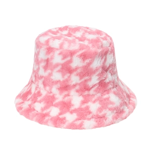 Detail of soft pink and white faux rabbit fur bucket hat with plush checkerboard texture