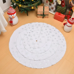 White plush Christmas tree skirt with silver snowflake sequins and holiday gift decor
