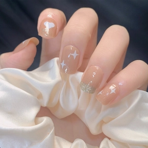 Press On Nails Fake Nails Glossy Nude Acrylic Heart And Star Pattern Glitter Gradient Short Square Round French Style