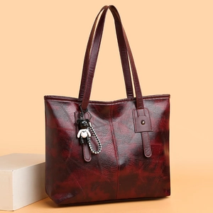 Large dark wine red tote bag with geometric texture and cute bear charm pendant