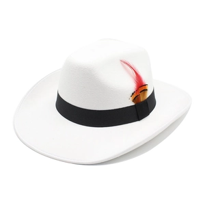 Detailed close-up of white wool felt fedora featuring a black ribbon and orange feather