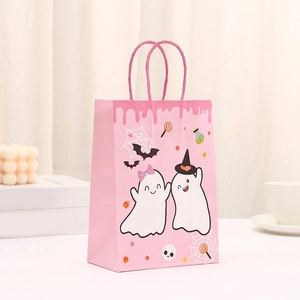 Pink Halloween paper gift bag with cute ghost prints and sturdy twisted rope handles