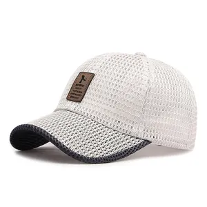 Breathable white mesh baseball cap with dark grey brim and brown leather patch