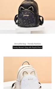 Detail of glittery sequins and rhinestone cat ears on these cute faux leather backpacks