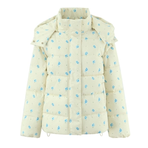 Women's floral hooded puffer jacket in cream with blue flower print and snap buttons